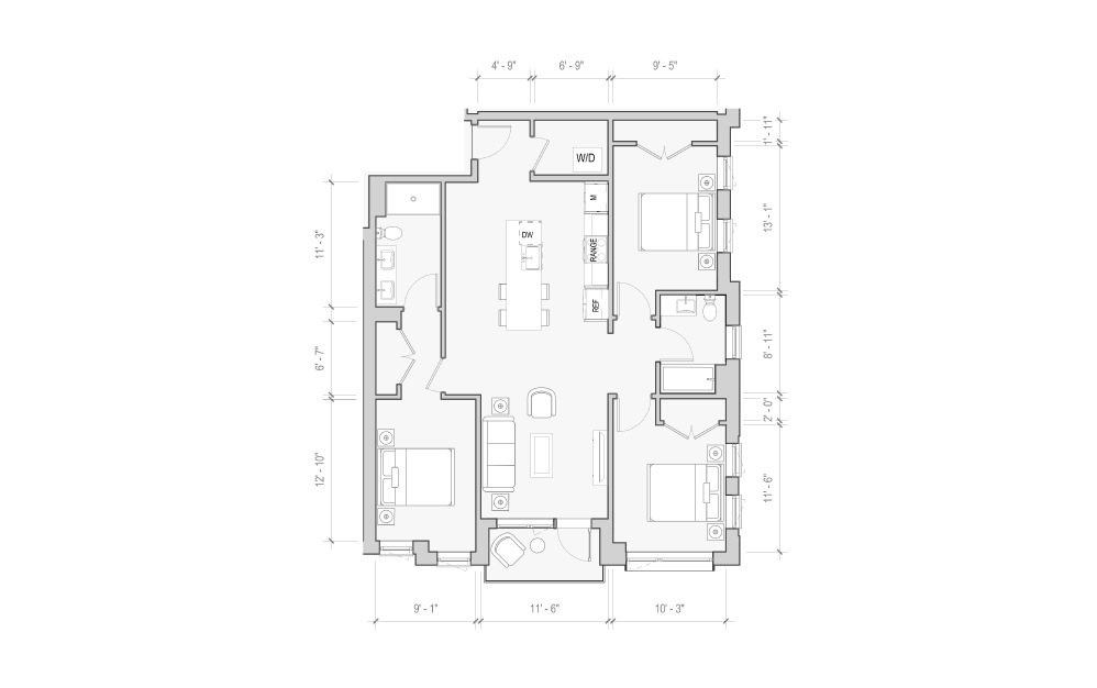 Beryl - Pearl - 3 bedroom floorplan layout with 2 bathrooms and 1258 square feet